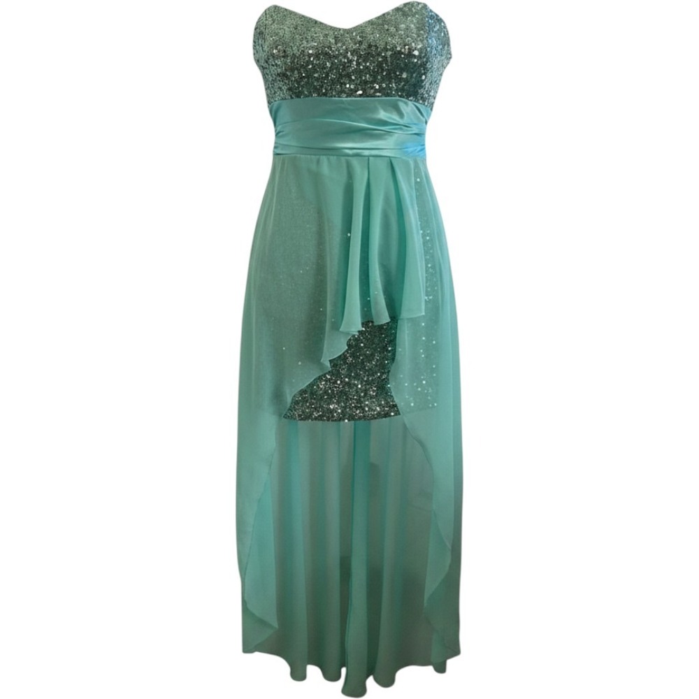 Aqua Mint Sequin High Low Strapless Formal Prom Dress Sweetheart Neckline